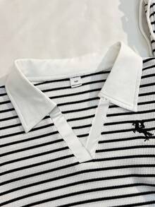 SHEIN 四季青少年女孩寬鬆休閒優雅拼接撞色V領紋理布料條紋長袖上衣，搭配拼接腰部抽繩設計寬鬆休閒寬腿褲，適合日常通勤、休閒、度假、姐妹聚會、街頭風格 - 黑與白 - 查看 4