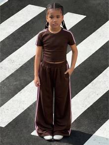 Tween Girl Casual Daily Knitted Fitted Top With Ribbon Detail And Straight Leg Pants With Ribbon Detail - Brown - View 7