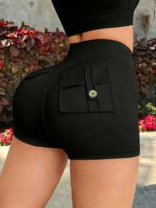 SHEIN Sports Women's Black Knitted Fabric Cargo Sports Shorts With Pockets Short Length Plain Design Y2k Katseye Workout Weight Loss Glowmode - Black - View 4