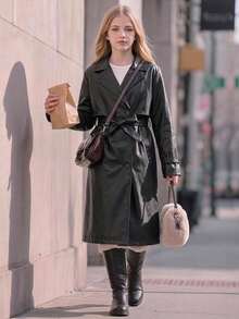 SHEIN 青少年女孩休閒寬鬆版型翻領長袖鈕扣經典復古PU雙排扣風衣，附腰帶，街頭風，黑色，秋冬款 - 黑色 - 查看 8