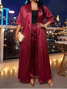 SHEIN Lady Plus Size Women Drawstring Waist Wide Leg Pants Short Sleeve Long Robe Casual Elegant Daily 2 Pieces Set Dinner Formal Wedding Guest Burgundy Summer - Burgundy - View 3