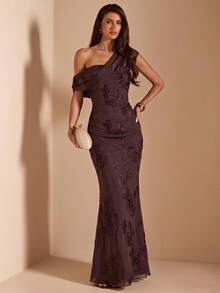 SHEIN BAE Women's Elegant One-Shoulder Floral Print Mermaid Hem Long Dress Summer - Brown - View 3