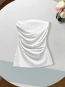 Comfortcana Top tubo de moda con fruncido de color liso para mujer, blanco, sexy, para brunch, club y salidas nocturnas de verano - Blanco - Ver 7