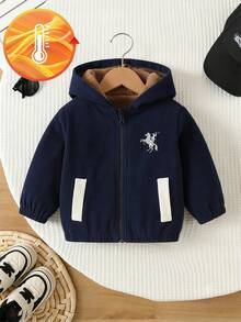 SHEIN Playful Pals Baby Boy Autumn/Winter Front Zipper Embroidered Thermal Lined Corduroy Hooded Jacket, Suitable For Holidays, Parties, Outdoor, School, 6M-3T, Baby Boy Jacket, Toddler Clothing, Baby Clothing - Navy Blue - View 4