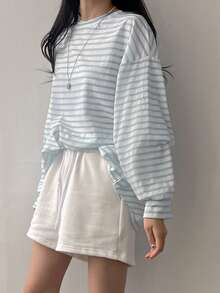 DAZY Striped Print Drop Shoulder Oversized Tee Long Sleeve Women Tops - Blue and White - View 2
