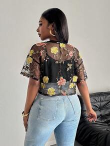 SHEIN PETITE CURVE 大尺碼女款花卉圖案網紗休閒日常上衣 - 黃色 - 查看 2