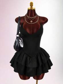 Amplova Women's Solid Color Ruffle Hem Sexy Spaghetti Strap Mini Dress - Brown - View 5