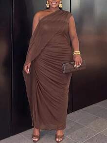 Slaydiva Autumn/Winter New Elegant & Glamorous Solid Brown Ruched Fitted Shawl-Style Ribbon Sheer Mesh Lined Dress For Women Plus Size - A, Suitable For Party, Date, Cocktail, Girls' Gathering, Wedding Season, Graduation Season, Birthday Party, Holiday Occasions - Brown - View 5