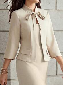 SHEIN Women's Spring/Autumn Fashion Minimalist Elegant Solid Color Tie-Up Mid-Sleeve Faux Pocket Jacket, Long Sleeve Jacket, Minimalist Jacket, Commuter Jacket, Suitable For Daily Commute Wear, Fashionable And Elegant - Khaki - View 5