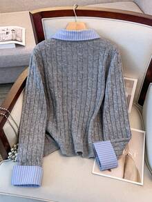 SHEIN Clasi Plus Size Sweater Blouse Collar Turn-Up Cuff Button Front Cardigan Knit Splicing 2 In 1 Set Fall Winter Cloth For Women Autumn - Grey - View 2