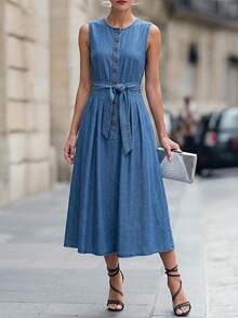 Everyssa Fall Vintage Sleeveless Button Front Belted Waist Midi Length Elegant Daily Wear Going Out Office Denim Dress For Women - Medium Wash - View 2