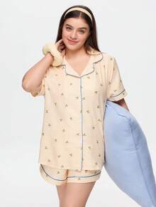 Bonmuse Plus Size Lemon Plaid Print Lapel Button-Front Short Sleeve Shorts Pajama Set - Yellow - View 4