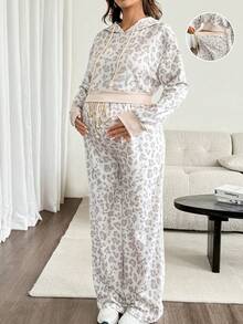 SHEIN Setelan Hamil 2 Potong Hoodie dan Celana Jogging Motif Leopard Musim Gugur - MultiWarna - View 5