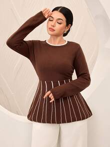 Graceveil Sweater Fashion Wanita Lengan Panjang Bergaris dengan Kerah Bulat dan Hiasan Ruffle di Bagian Bawah - MultiWarna - View 6