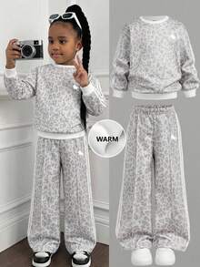 Kids Young Girl Casual Grey Leopard Print Colorblock Striped Knit Solid Color Drop Shoulder Long Sleeve Sweatshirt And Pleated Wide Leg Sweatpants Set, Tops, Back To School, Halloween, Autumn - Light Grey - View 2