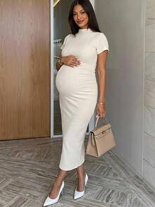 MaterniWear Women's Summer Maternity Casual Beige Short-Sleeve Slim-Fit Jacquard Knit Dress - Apricot - View 1