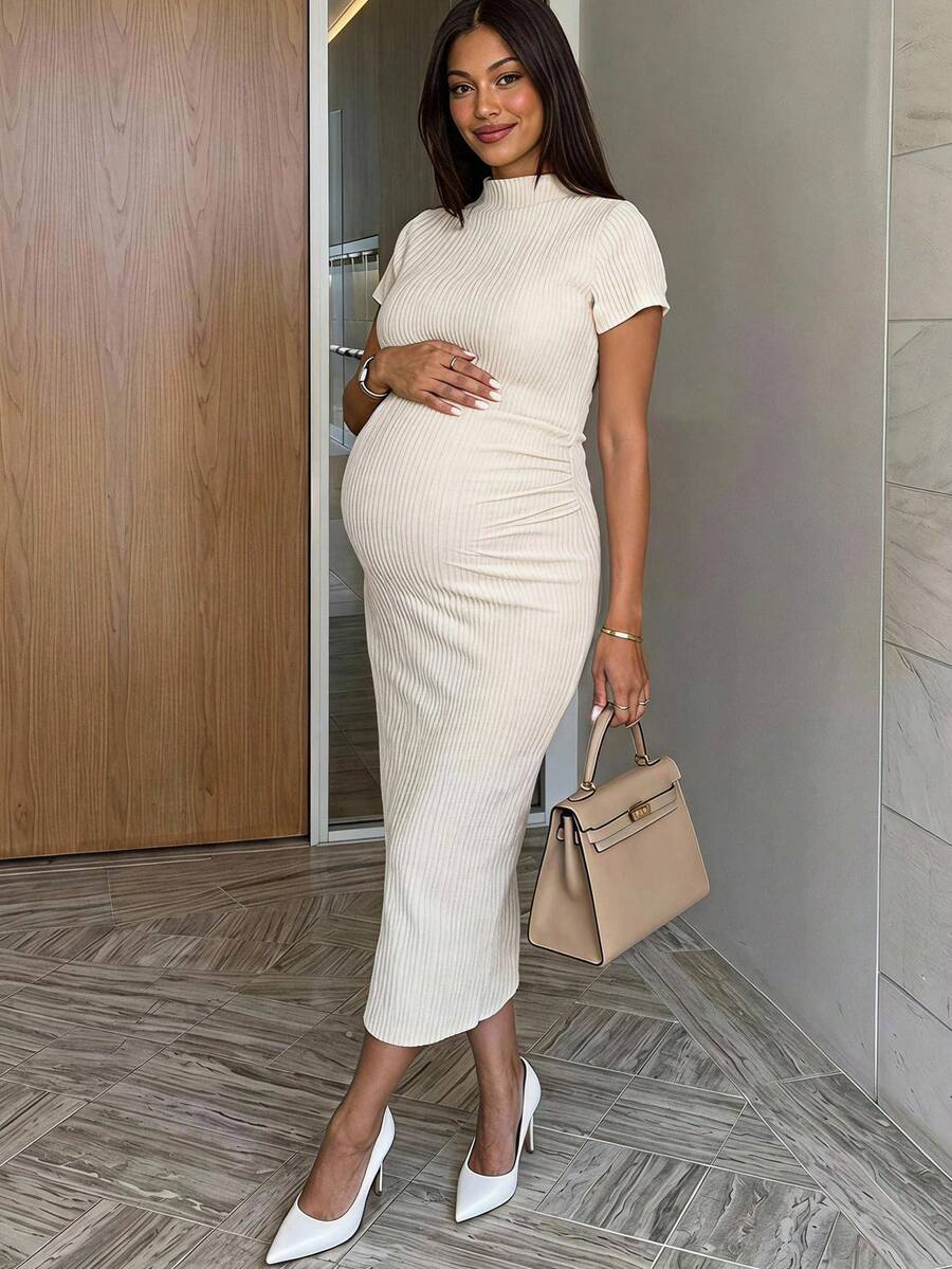 MaterniWear Women's Summer Maternity Casual Beige Short-Sleeve Slim-Fit Jacquard Knit Dress - Apricot - View 1