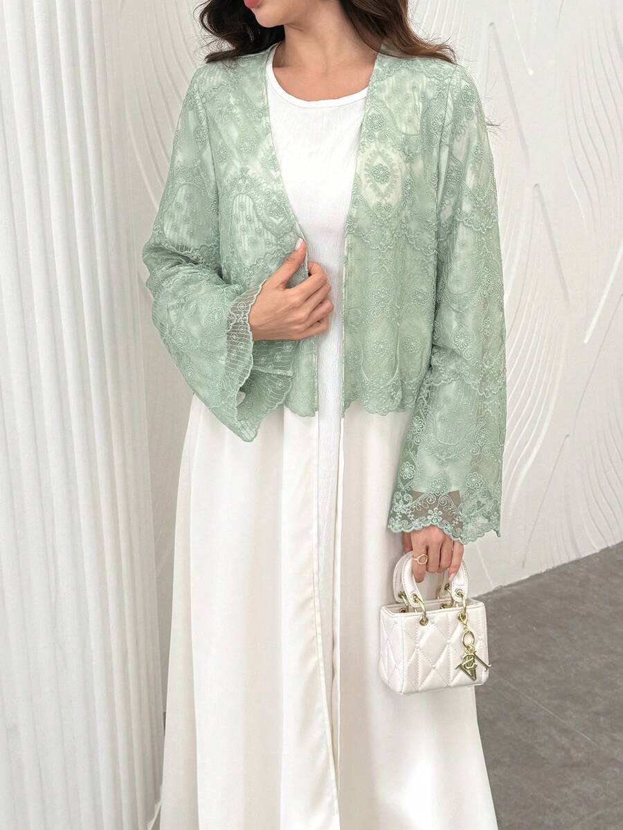 Yasmyna 淺綠色亮片蕾絲拼接長袖喇叭袖阿巴亞長袍 - 杏色 - 查看 1