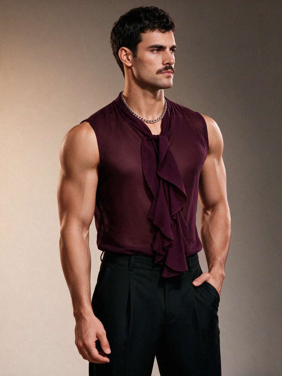 ZURIURI Camisa sin mangas transparente de moda con patchwork y volantes en el bajo para hombre - Burdeos - Ver 1