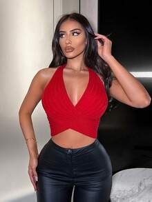 SHEIN SXY Plus Size Red Criss-Cross Backless Knit Halter Top Sexy Going Out Club Night Summer - Red - View 6