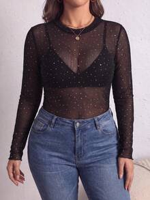 SHEIN PETITE CURVE 大尺碼女款水鑽網紗圓領長袖透視性感上衣 - 黑色 - 查看 5