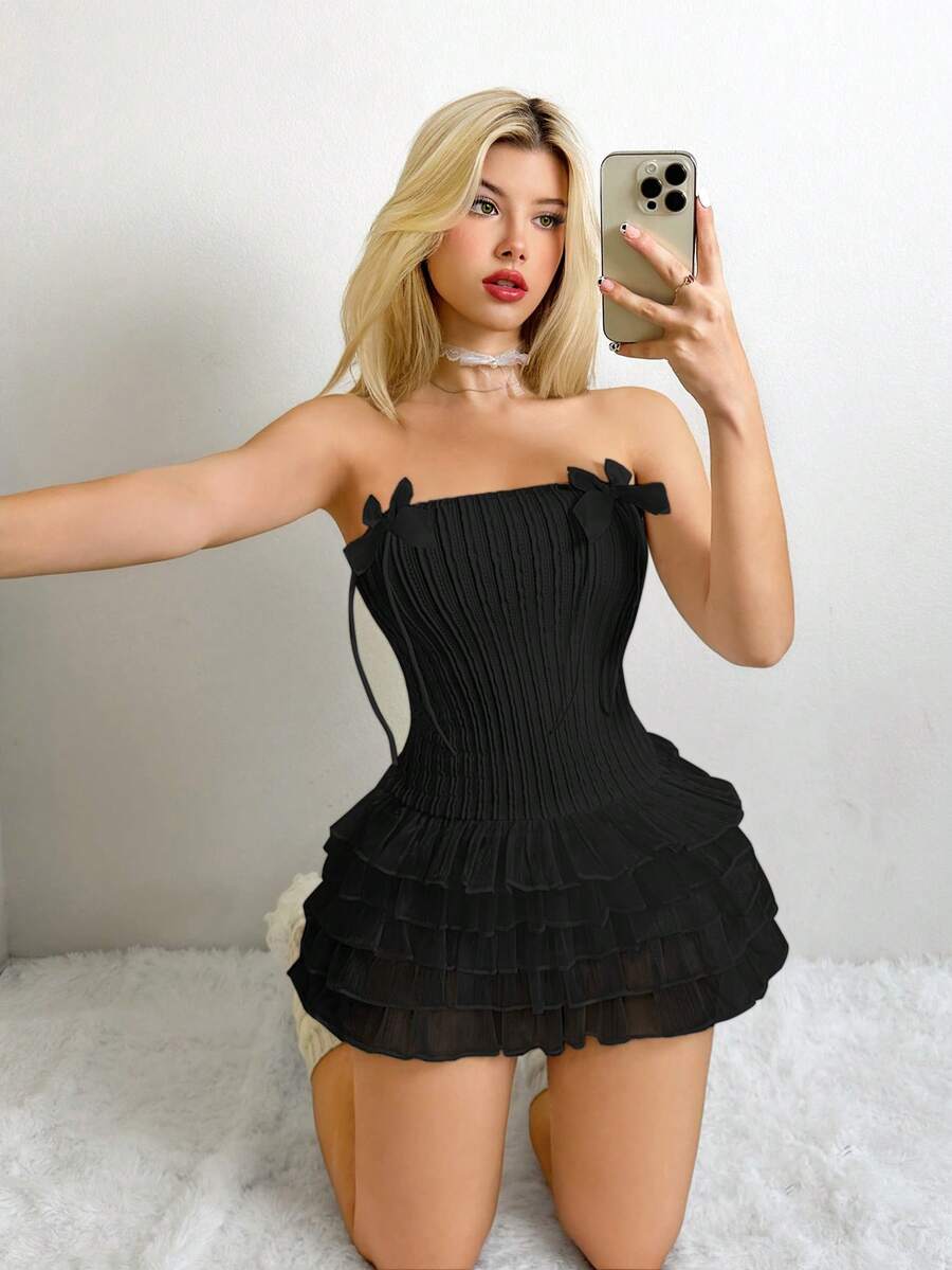 Sweetina Women's Strapless Bow Decor Ruffle Hem Layered Dress - Black - View 1
