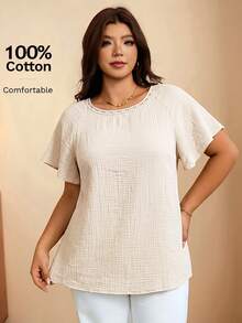 Edennvi Blusa de Crepé Texturizado con Cuello Redondo, Patchwork de Encaje y Mangas con Volantes, Talla Grande - Albaricoque - Ver 1