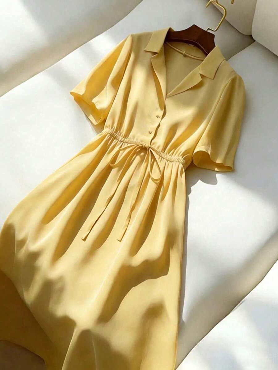 Franclia 新款春夏翻领短袖束腰连衣裙 - 芥末黃 - 查看 1