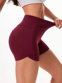 Slayform 1pc Burgundy High Waist Double Layer Women's Sports Shorts, With Zipper Pocket, Slim Fit, Suitable For Running Workout Summer - Burgundy - View 3