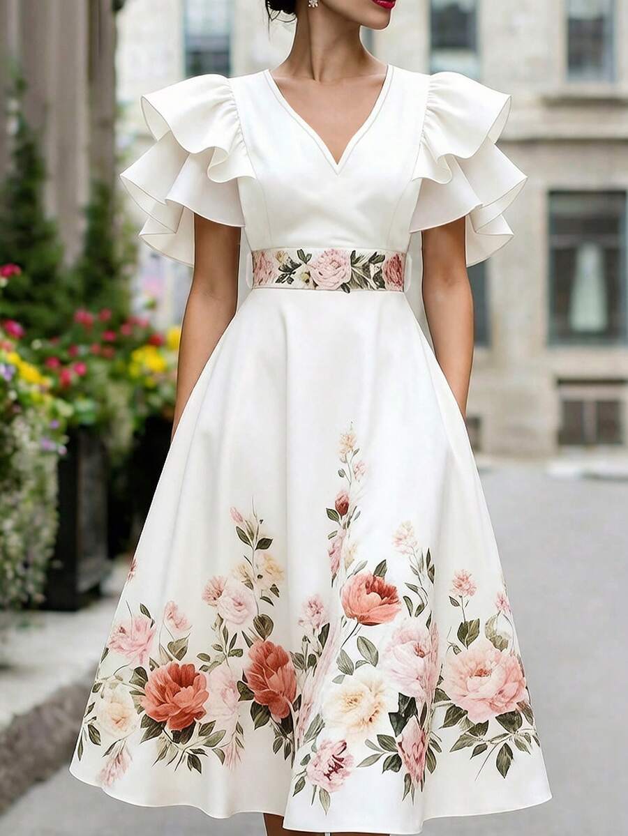 SHEIN LUNE Vestido elegante con volantes en capas y dobladillo, adecuado para ir al trabajo - Blanco - Ver 1