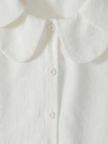 SHEIN Elladie kids 女童時尚甜美可愛領口白色荷葉邊長袖襯衫，學院風百搭上衣，適合日常優雅休閒穿著與校園秋季穿搭 - 白色 - 查看 9