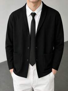 Teen Boys Black Casual Knit Cardigan Jacket With Shawl Collar, Single-Breasted Round Button Closure, Suitable For Daily Commute, Casual Outings, Layering And Inner Wear, All Seasons, Autumn - Black - View 1