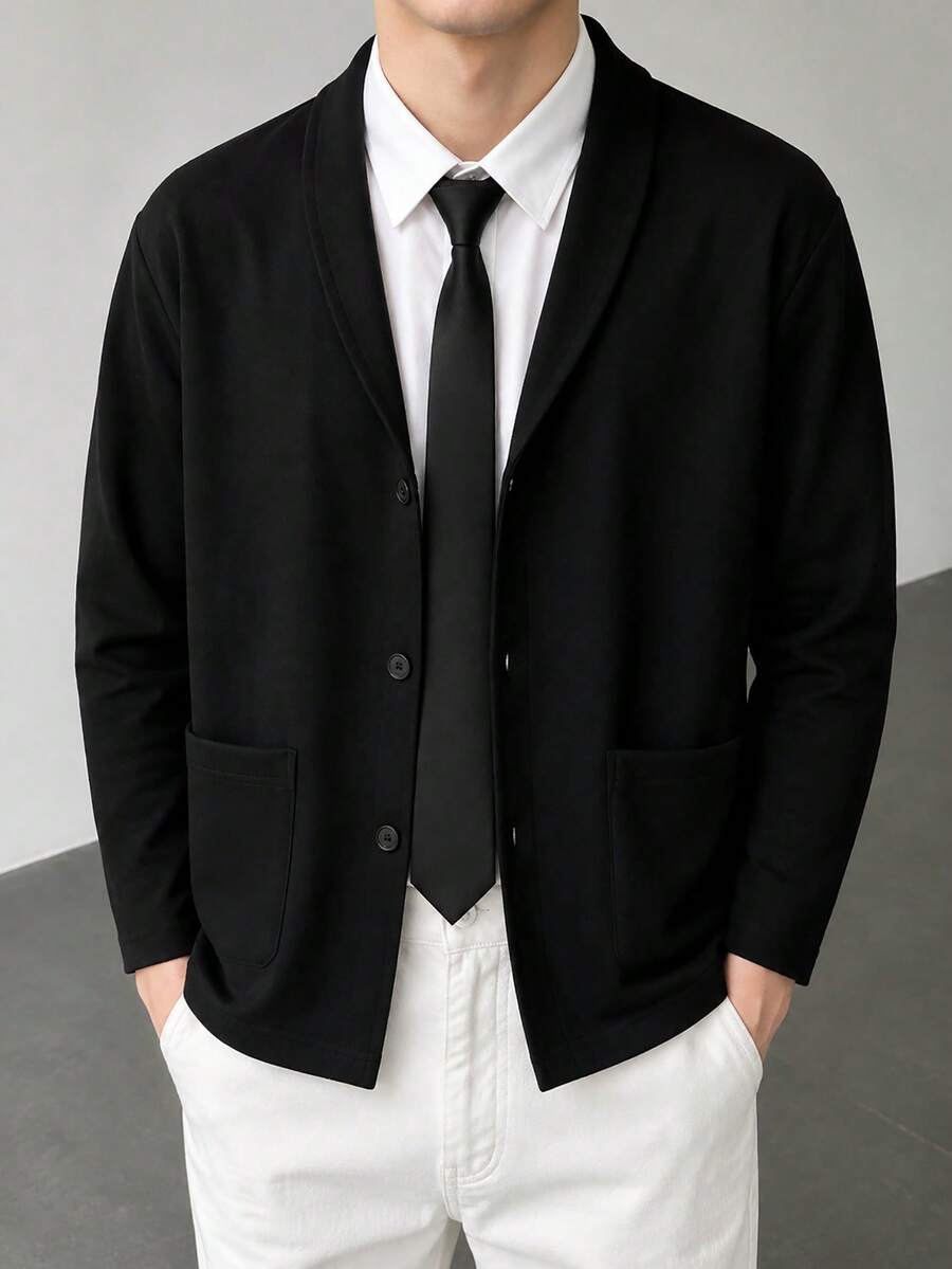 Teen Boys Black Casual Knit Cardigan Jacket With Shawl Collar, Single-Breasted Round Button Closure, Suitable For Daily Commute, Casual Outings, Layering And Inner Wear, All Seasons, Autumn - Black - View 1