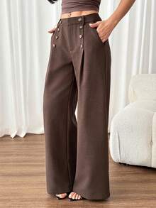 SHEIN PETITE Women's Elegant Button Pocket Pleated Loose Business Suit Pants - Rust Brown - View 7