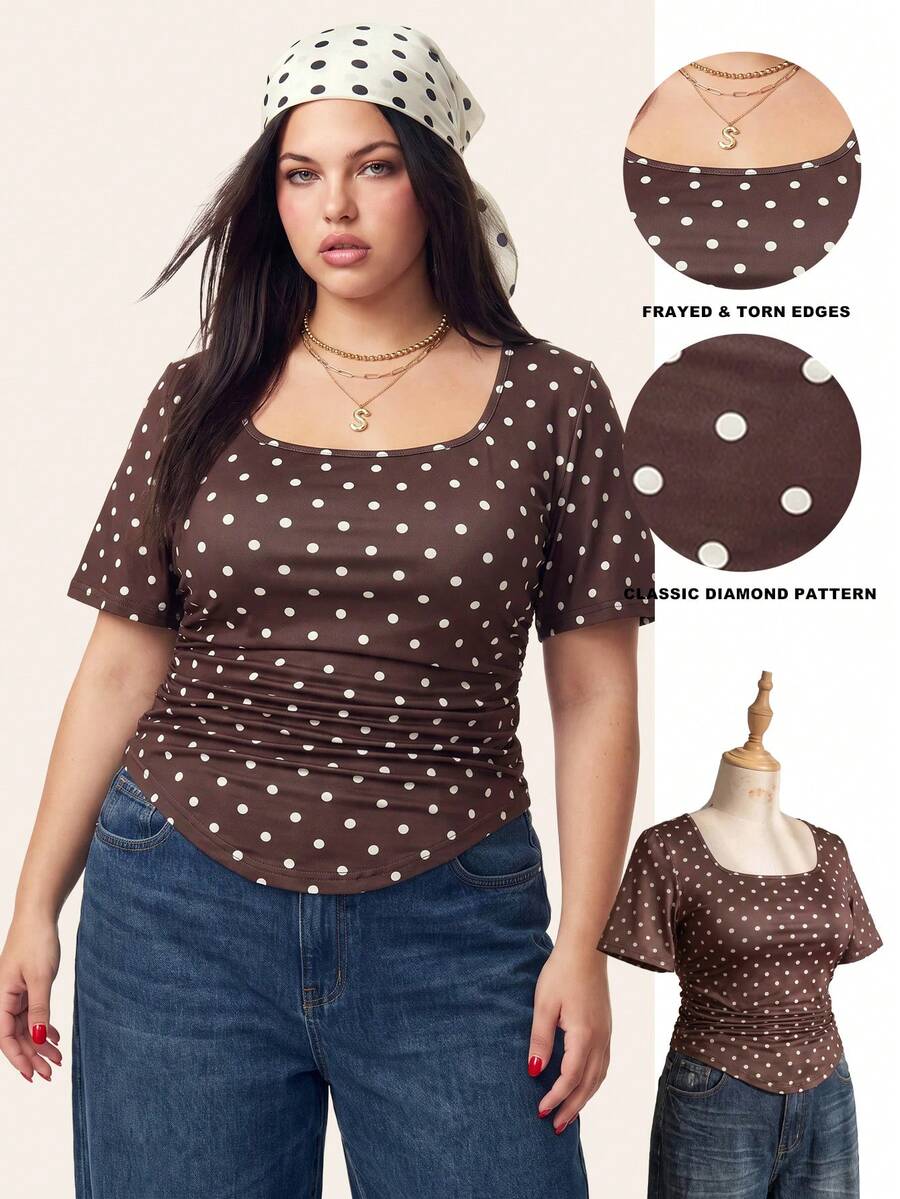 Comfortcana Spring/Summer Casual Commute Party Music Festival Vacation Polka Dot Print T-Shirt - Brown - View 1