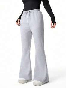 SHEIN Sparklyn Teen Girls Casual Baggy Fashion Grey Slim Fit Flare Leggings Long Pants Comfortable Knit Spring/Autumn Summer Sweatpants Cycling Work Formal - Light Grey - View 2