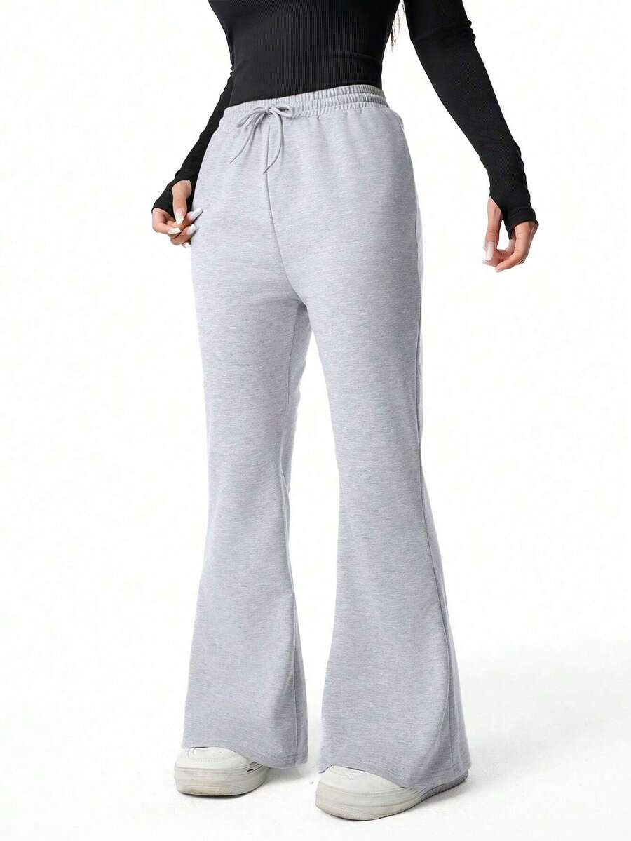 SHEIN Sparklyn Teen Girls Casual Baggy Fashion Grey Slim Fit Flare Leggings Long Pants Comfortable Knit Spring/Autumn Summer Sweatpants Cycling Work Formal