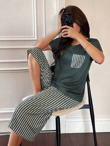 SHEIN Women's Casual Leopard Print Pocket Round Neck Short Sleeve Capri Pants 2 Pieces Pajama Set - Multicolor - View 1