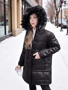 SHEIN Tween女孩休閒連帽拉鍊長款加厚外套，附口袋，百搭冬季黑色外套，秋季端莊約會穿搭，女孩Tween女孩冬季外套 - 黑色 - 查看 3