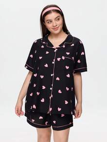 Bonmuse Heart Print Plus Size Women Bubble Crinkle Short Sleeve Shorts Pajama Set - Black - View 3