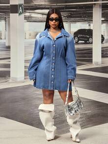 Slaydiva Plus Size Cowgirl Outfit Blue Non-Stretch Button-Front Sexy Fitted Dress For Women - Medium Wash - View 6