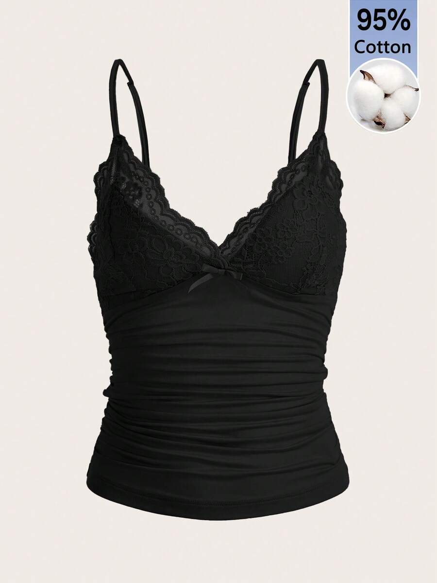 SHEIN ICON 女款夏季優雅素色蕾絲拼接細肩帶背心 - 黑色 - 查看 1