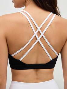 SHEIN Cheerettes 女款拼色交叉背日系健身運動內衣 黑色運動內衣 可拆式內墊 白色對比細肩帶雙層健身房適用 - 黑色 - 查看 3
