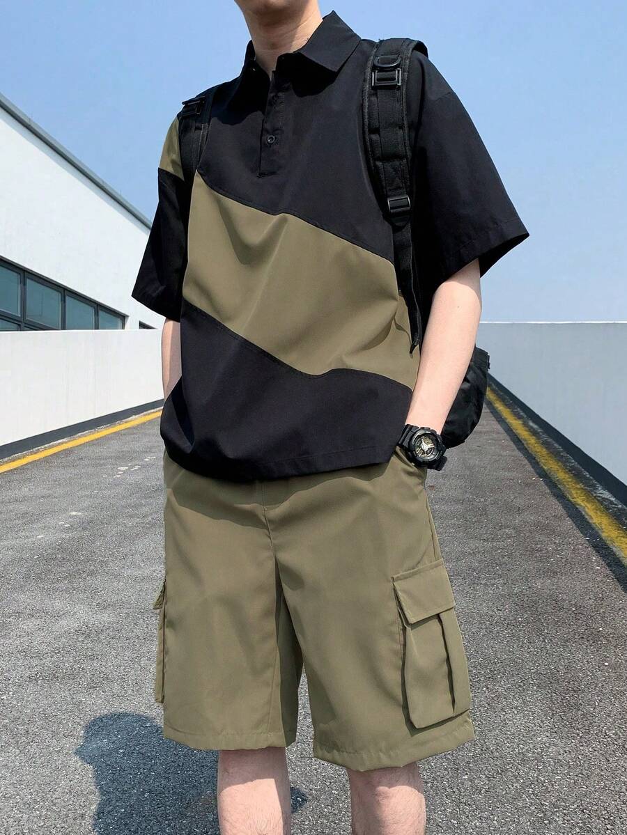 Manfinity Hypemode Men's Color Block Shirt & Solid Color Cargo Shorts Set, Men's Street Wear Sets, Two-Piece Sets For Men, Cozy Outfits - Multicolor - View 1