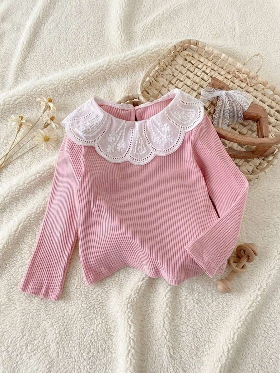 SHEIN Girls' Elegant Long Sleeve T-Shirt With Embroidered Collar And Ribbed Knit - Pink - View 1