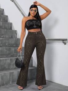 Slaydiva Plus Size Fashion Leopard Print Flare Jeans - Multicolor - View 4