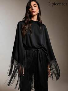 COSMINA Women's Solid Color Tassel Design Top And Pants Casual Daily Set - Black - View 5