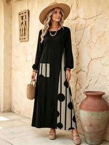 Elouméa Women's Round Neck Black & Apricot Contrast Color Long Sleeve Loose Fit Dress - Black - View 5