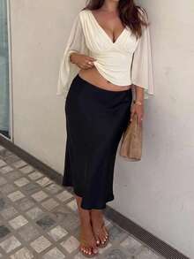 SHEIN Tall CURVE Plus Size Elegant Commuter Solid Color Split Hem Shirt - White - View 8