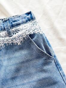 SHEIN 女童秋季軟洗水百搭寬鬆時尚休閒可愛個性化細棉蕾絲飾邊淺藍色牛仔寬腿長褲 - 中等水洗藍 - 查看 8
